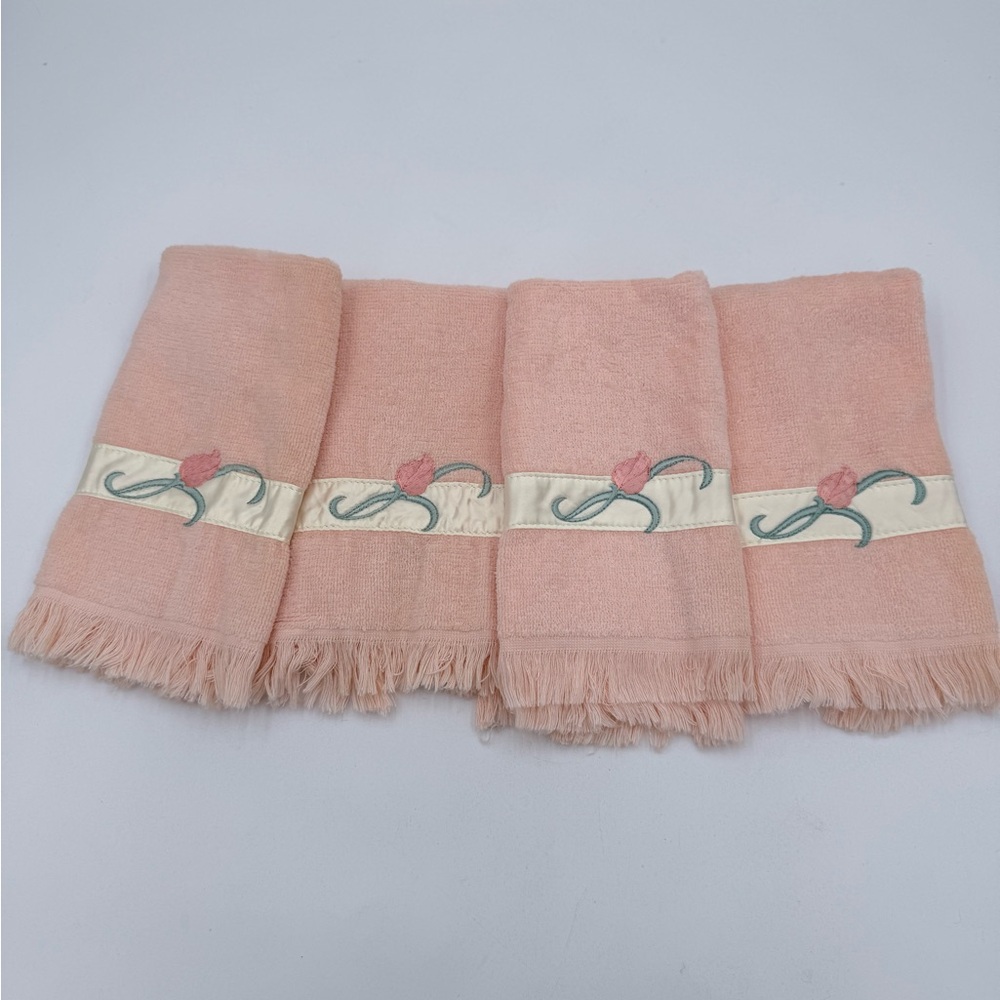 VTG Hand Towel Set Pink Tulips Satin Line 90s Bathroom Decor - Set of 4